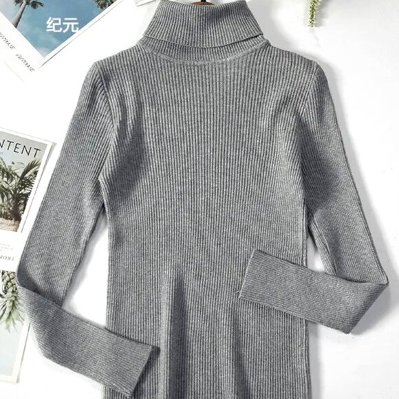 STEEL GREY O/S FINELY RIBBED LIGHTWEIGHT LONG SLEEVE TURTLENECK SWEATER - Picture 1 of 1